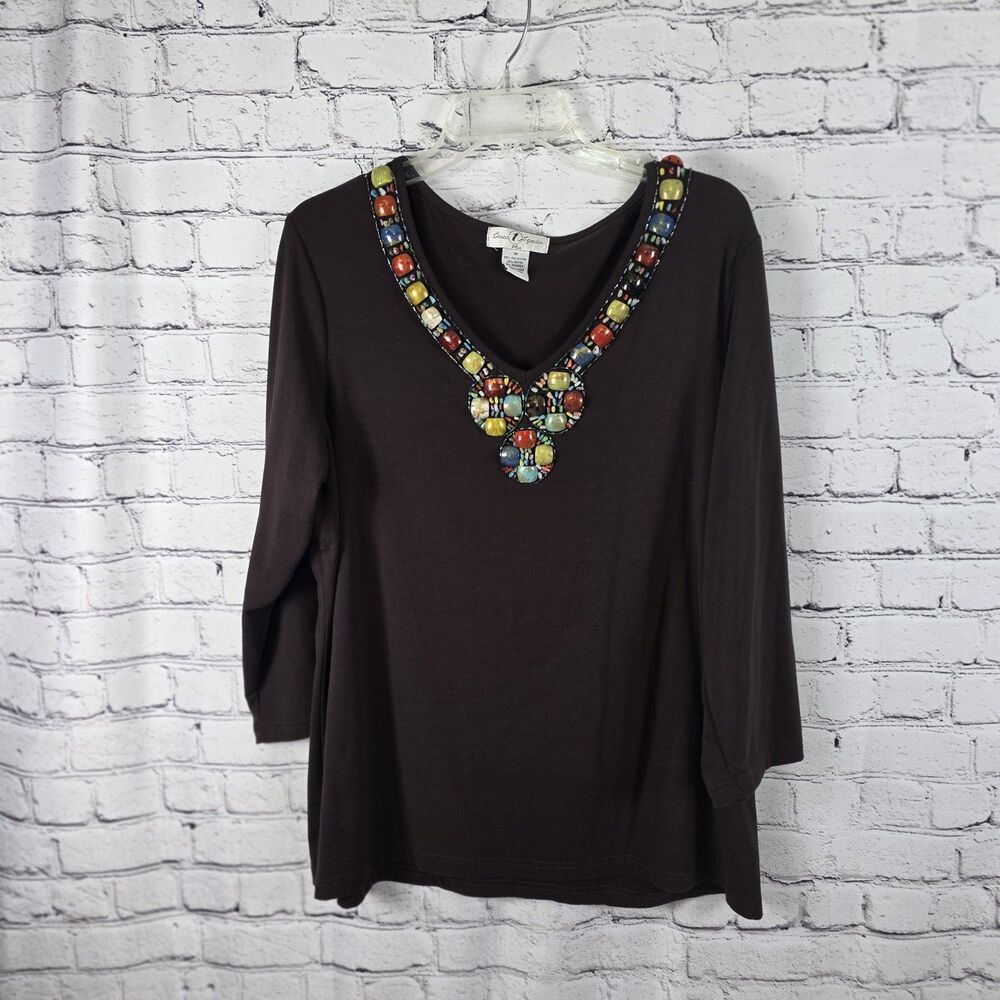 Once Again Women’s 1X Brown Beaded Embellished Top